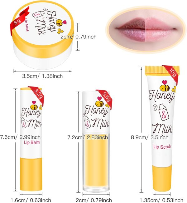 4 Piece Honey Milk Lip Mask Lip Balm Lip Scrub Lip Oil Lip Care Kit, Moisturizing & Nourishing Dry and Cracked Lips, Overnight Sleeping Lip Exfoliator Lip Moisturizer Lip Repair - Image 2