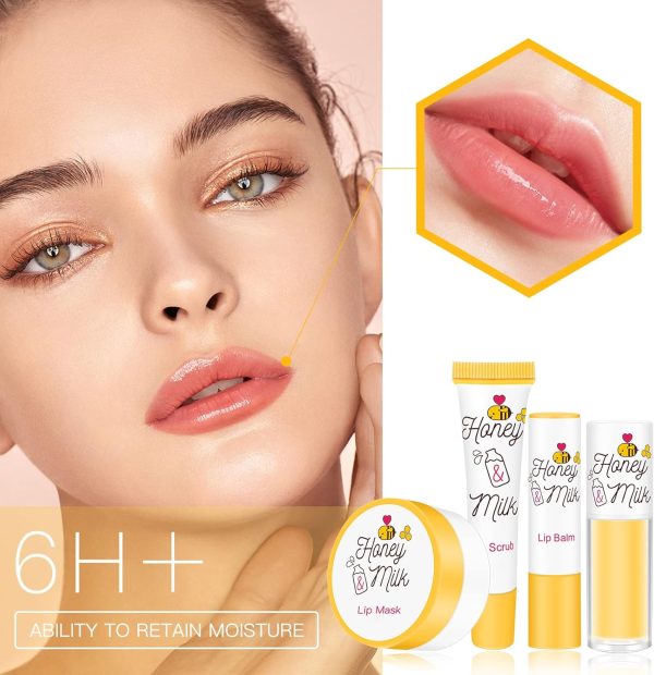 4 Piece Honey Milk Lip Mask Lip Balm Lip Scrub Lip Oil Lip Care Kit, Moisturizing & Nourishing Dry and Cracked Lips, Overnight Sleeping Lip Exfoliator Lip Moisturizer Lip Repair - Image 3