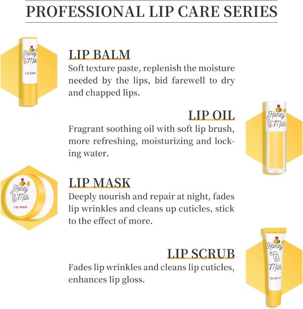 4 Piece Honey Milk Lip Mask Lip Balm Lip Scrub Lip Oil Lip Care Kit, Moisturizing & Nourishing Dry and Cracked Lips, Overnight Sleeping Lip Exfoliator Lip Moisturizer Lip Repair - Image 4
