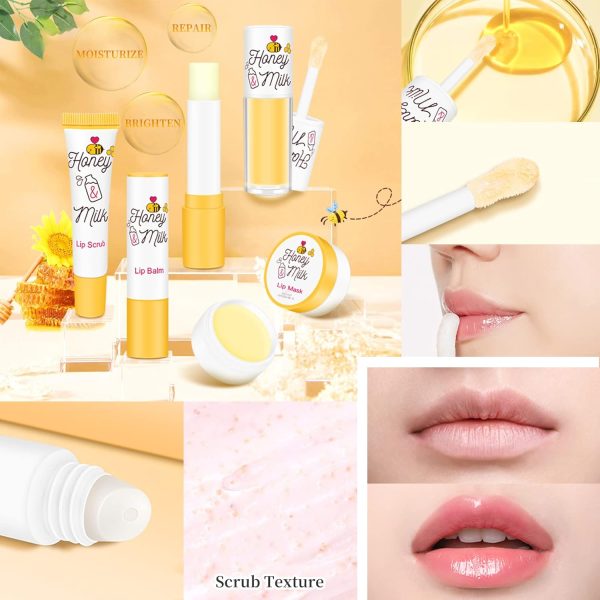 4 Piece Honey Milk Lip Mask Lip Balm Lip Scrub Lip Oil Lip Care Kit, Moisturizing & Nourishing Dry and Cracked Lips, Overnight Sleeping Lip Exfoliator Lip Moisturizer Lip Repair - Image 7