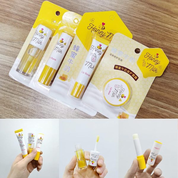 4 Piece Honey Milk Lip Mask Lip Balm Lip Scrub Lip Oil Lip Care Kit, Moisturizing & Nourishing Dry and Cracked Lips, Overnight Sleeping Lip Exfoliator Lip Moisturizer Lip Repair - Image 8