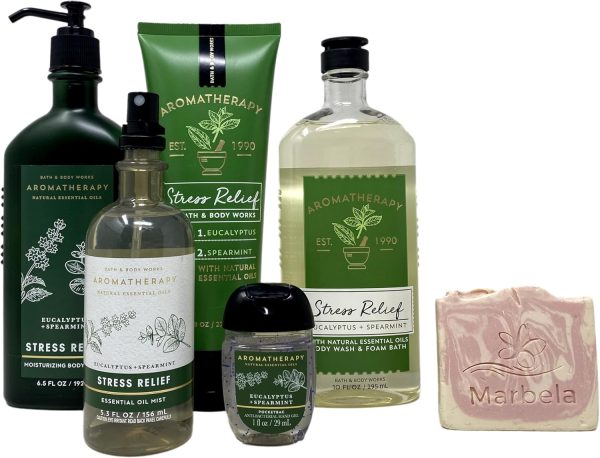 Bath & Body Works Aromatherapy Stress Relief Eucalyptus Spearmint Gift Set Body Lotion - Body Wash + Foam Bath - Body Cream - Essential Oil Mist - Hand Gel - with a Himalayan Salts Springs Sample Soap