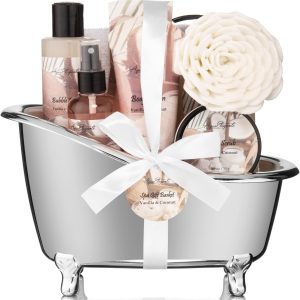 Spa Gift Baskets For Women - Luxury Bath Set With Coconut & Vanilla - Spa Kit Includes Body Wash, Bubble Bath, Lotion, Bath Salts, Body Scrub, Body Spray, Shower Puff, and Towel