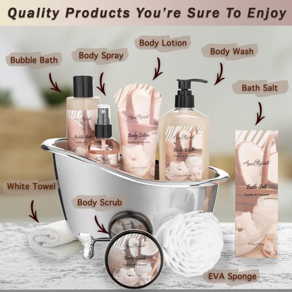 Spa Gift Baskets For Women - Luxury Bath Set With Coconut & Vanilla - Spa Kit Includes Body Wash, Bubble Bath, Lotion, Bath Salts, Body Scrub, Body Spray, Shower Puff, and Towel - Image 2