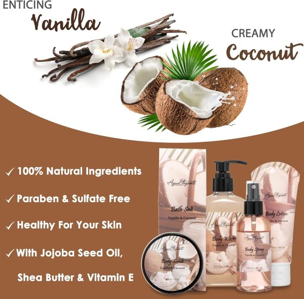 Spa Gift Baskets For Women - Luxury Bath Set With Coconut & Vanilla - Spa Kit Includes Body Wash, Bubble Bath, Lotion, Bath Salts, Body Scrub, Body Spray, Shower Puff, and Towel - Image 3